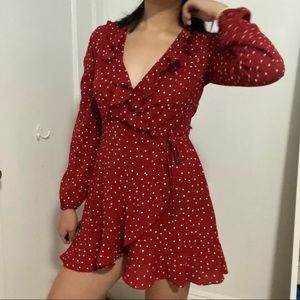 Red polka dot wrap dress